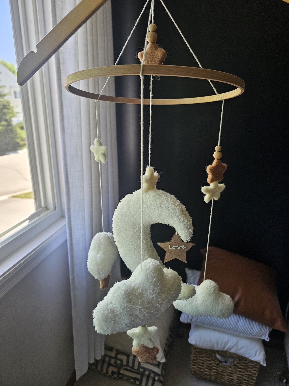 Plush Moon & Cloud Nursery Mobile in Cream and Brown